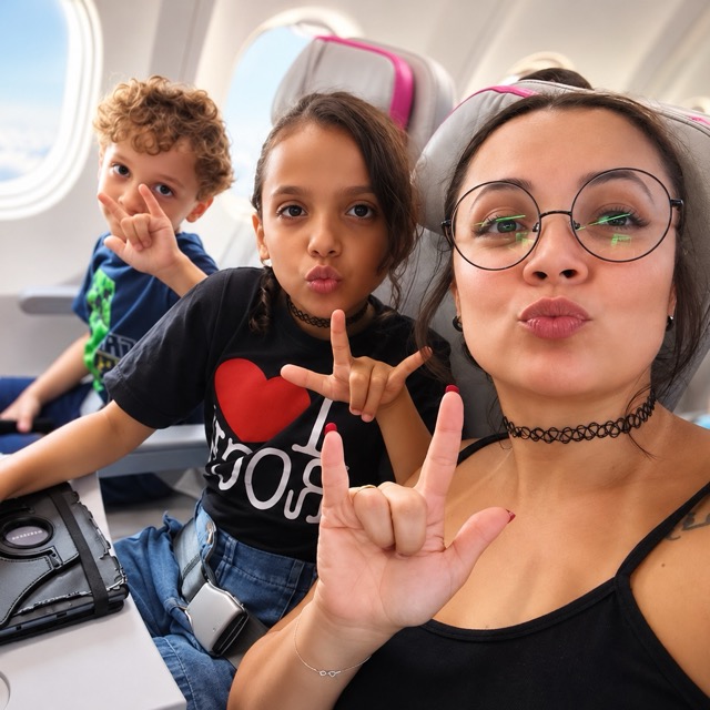Samantha viajando com os filhos
